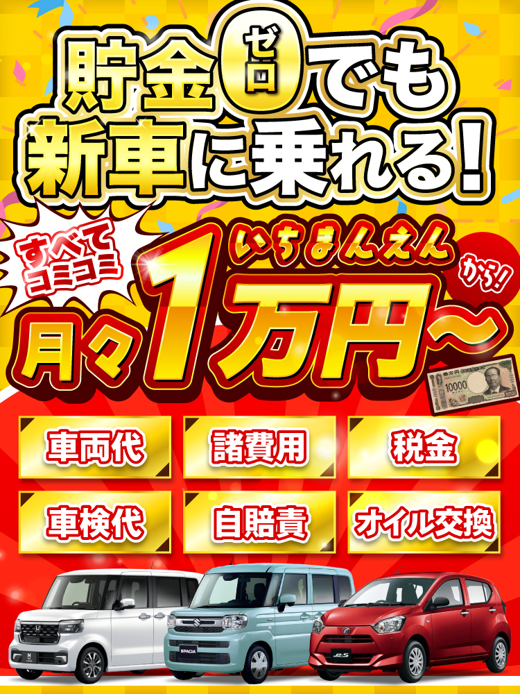 貯金0でも新車に乗れる！すべてコミコミ月々1万円～